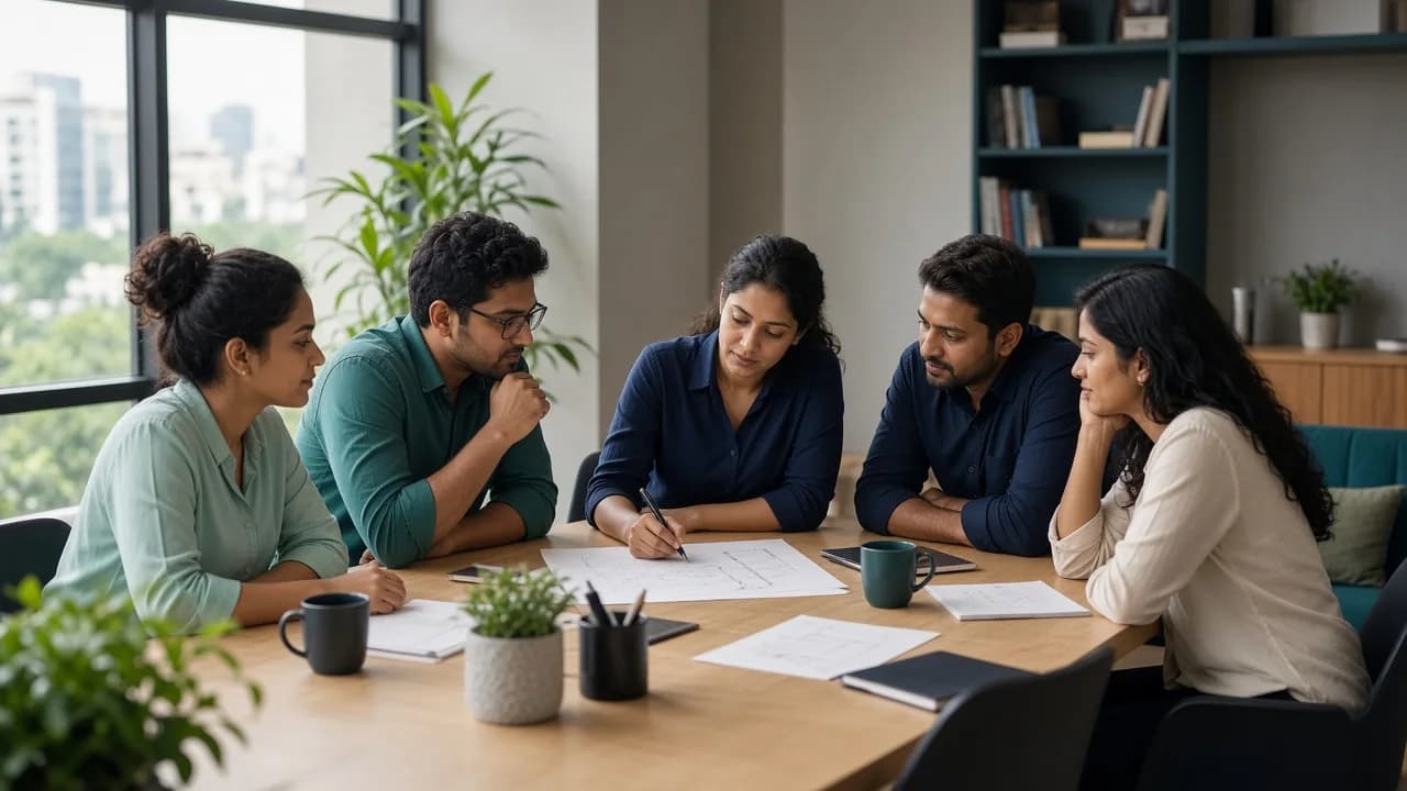 An illustrative software and customer-operations team collaborating around a table