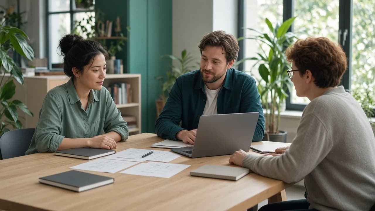 A representative software team reviewing notes at a shared table, with no readable product interface