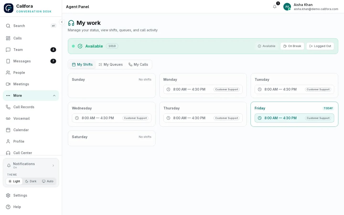 Callfora agent workspace showing status, assigned queues, shifts, and calls for a contact-center agent