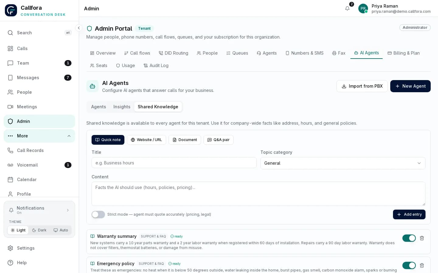 Callfora shared knowledge base that AI agents answer from