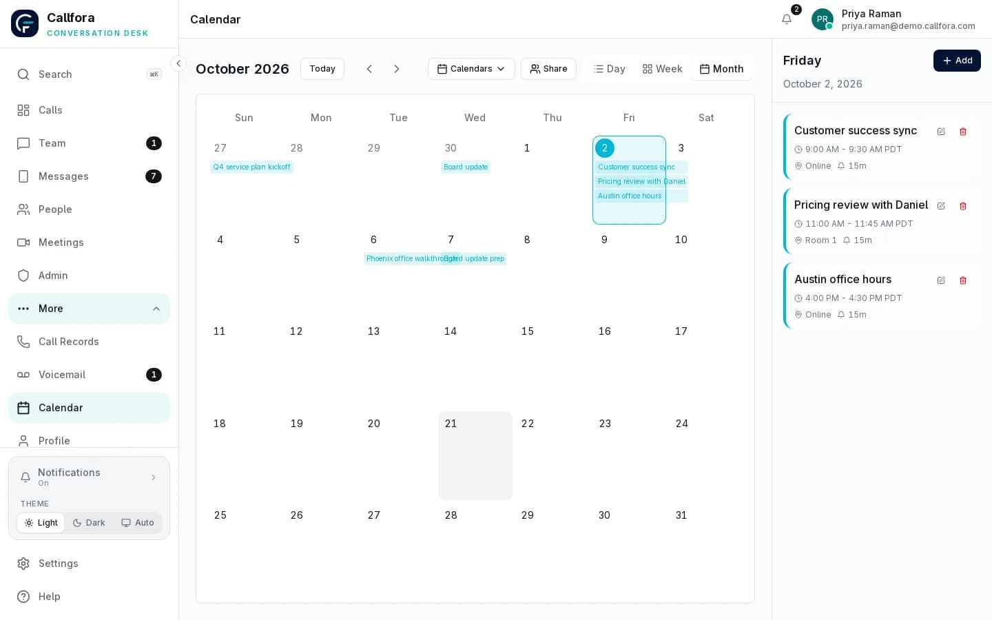 Callfora team calendar with appointments and meetings in the same workspace as calls