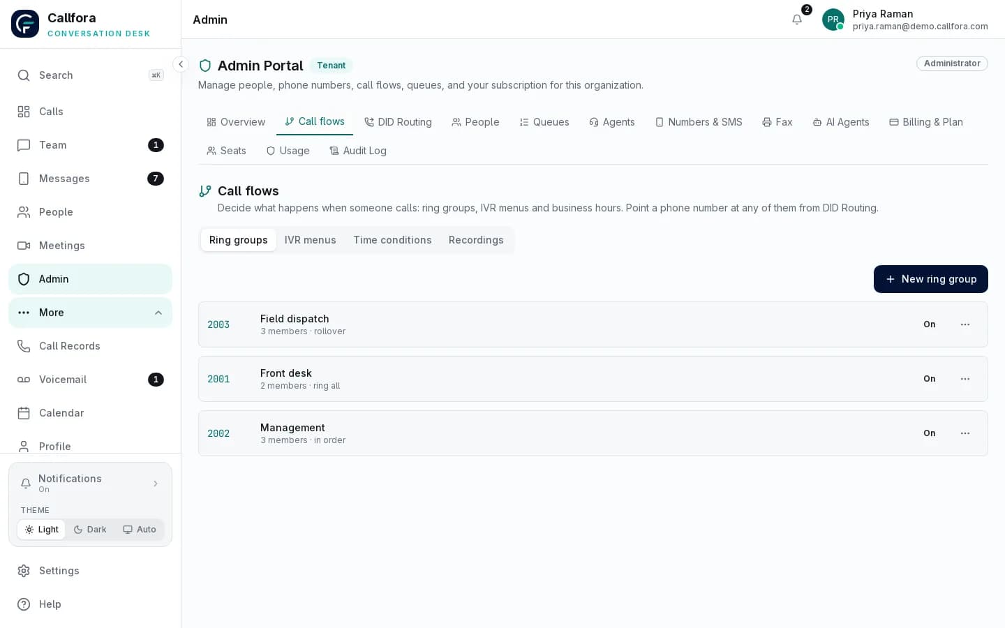 Callfora admin portal call flows showing IVR menus, ring groups, and time conditions