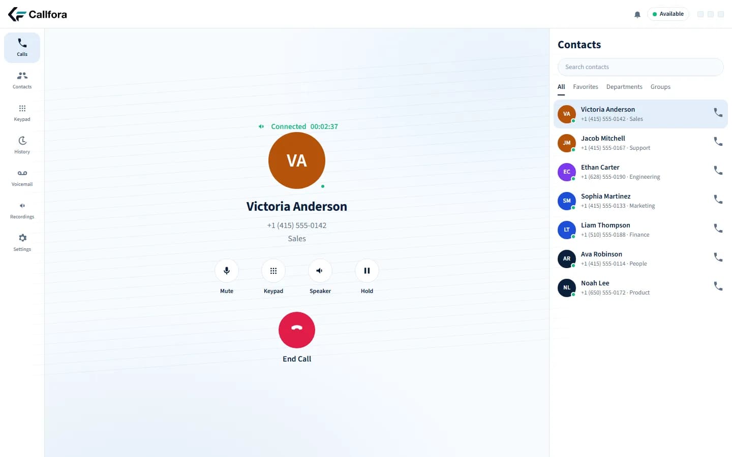 Callfora desktop on an active connected call with mute, keypad, speaker, hold, and end call