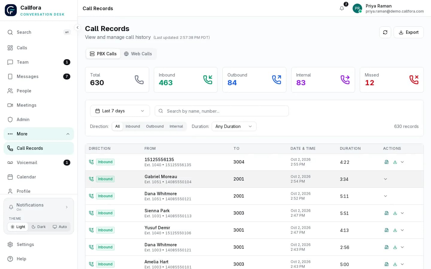 Callfora call records with inbound, outbound, internal, and missed call totals and a searchable history