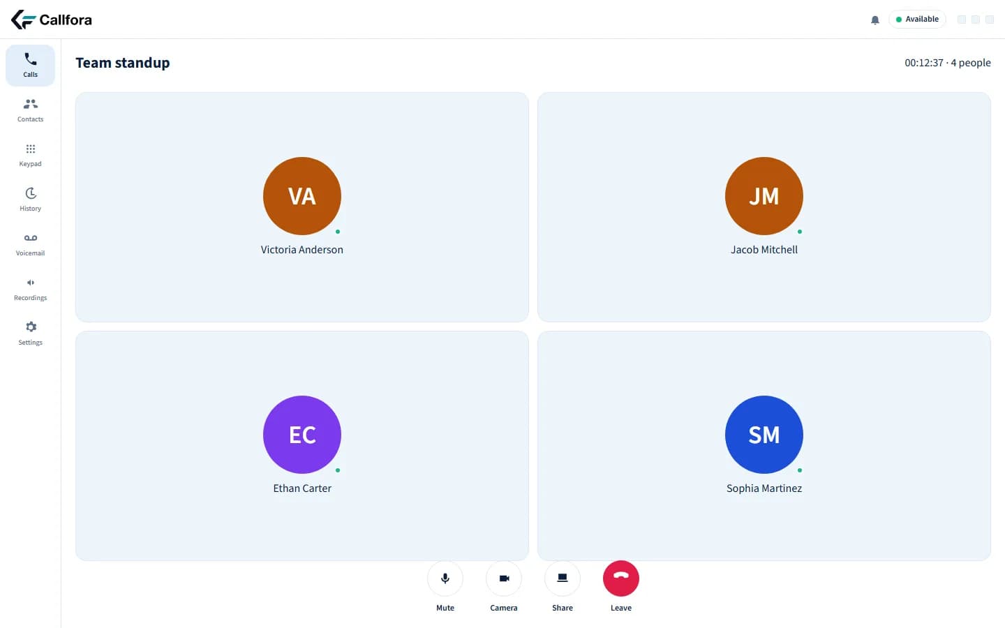 Callfora meeting room with mute, camera, share, and leave controls