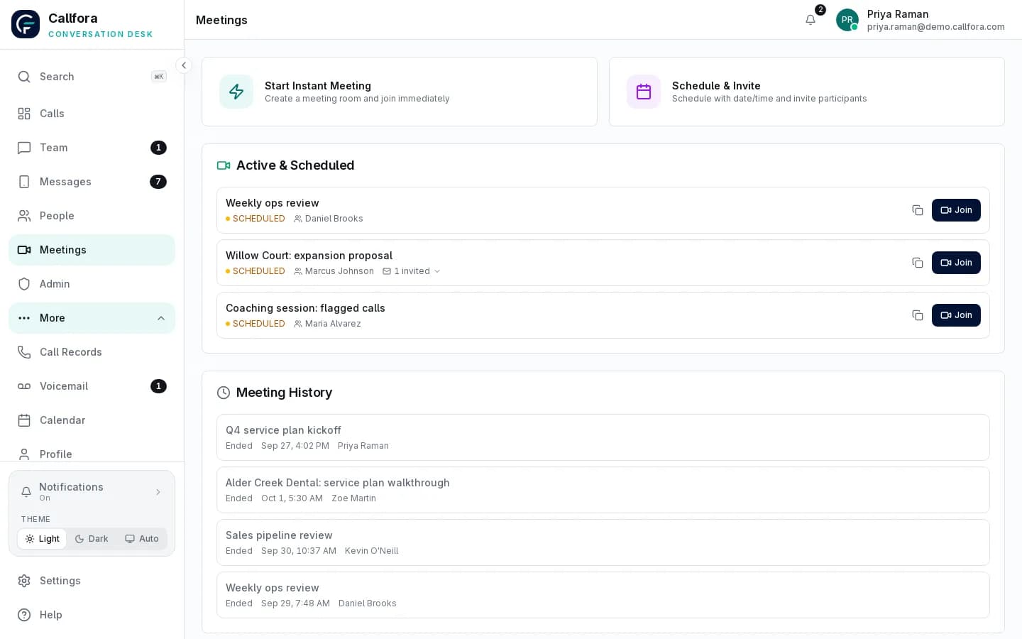 Callfora meetings with instant and scheduled rooms, upcoming meetings, and history
