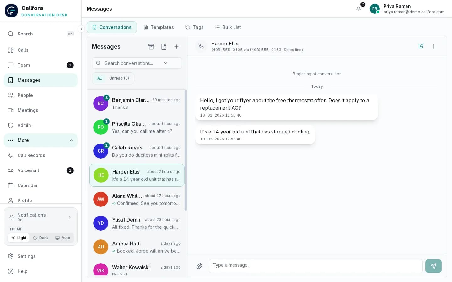 Callfora business SMS conversation next to the shared conversation list