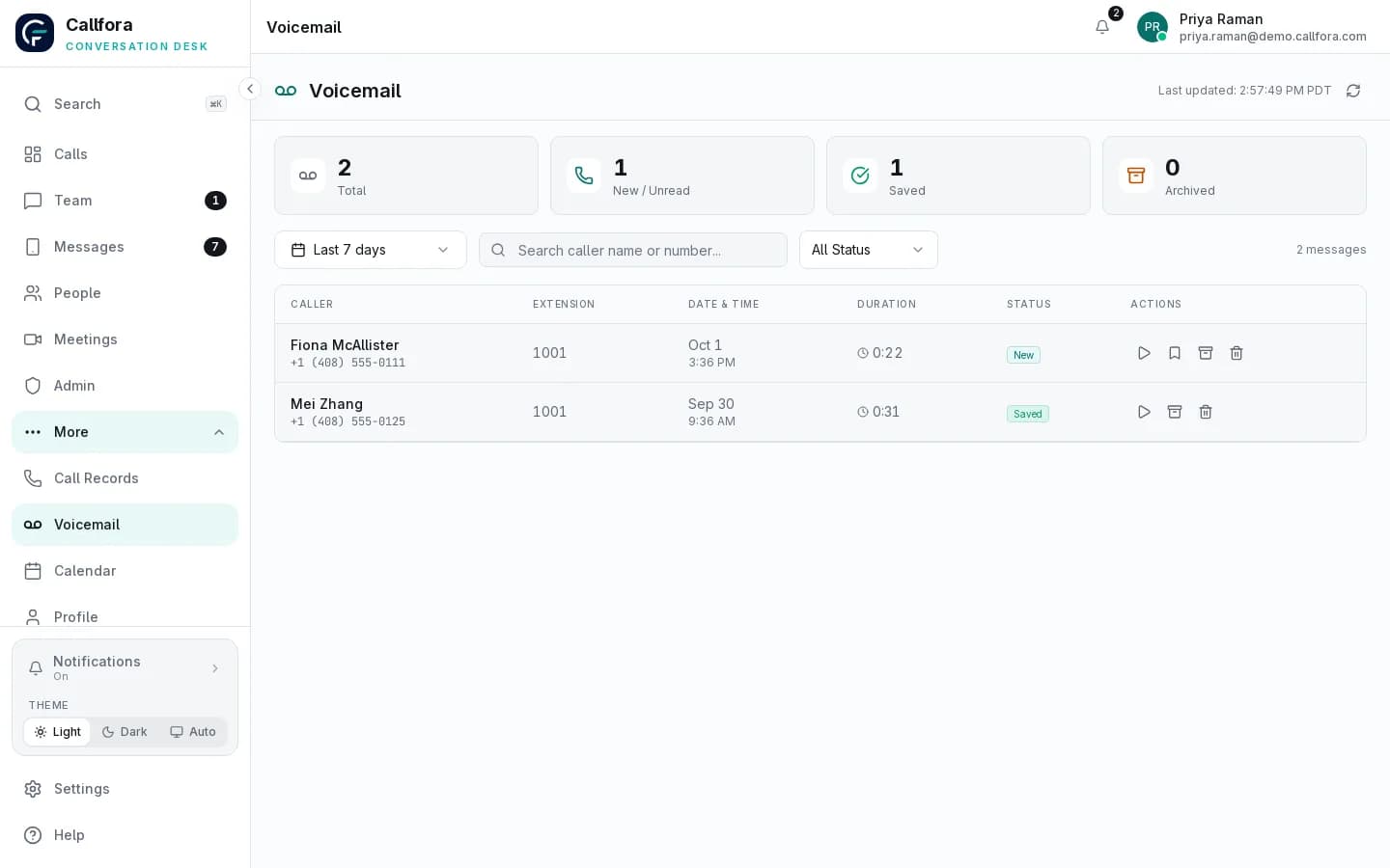 Callfora cloud voicemail inbox with new and saved messages