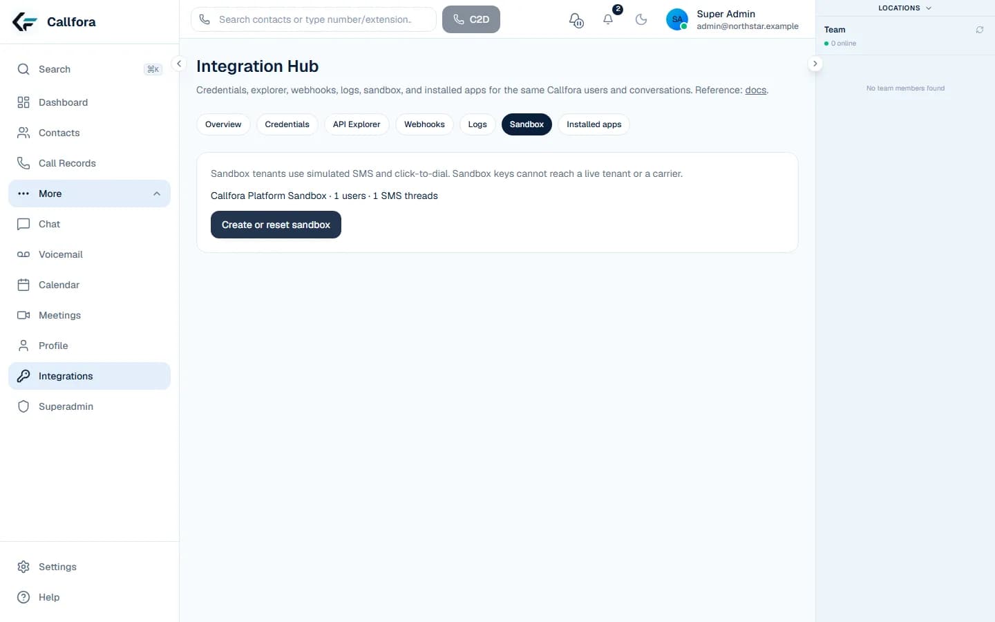 Callfora Integration Hub isolated sandbox controls