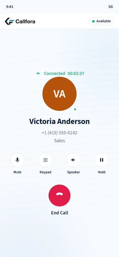 Callfora mobile in-call screen showing a connected business call