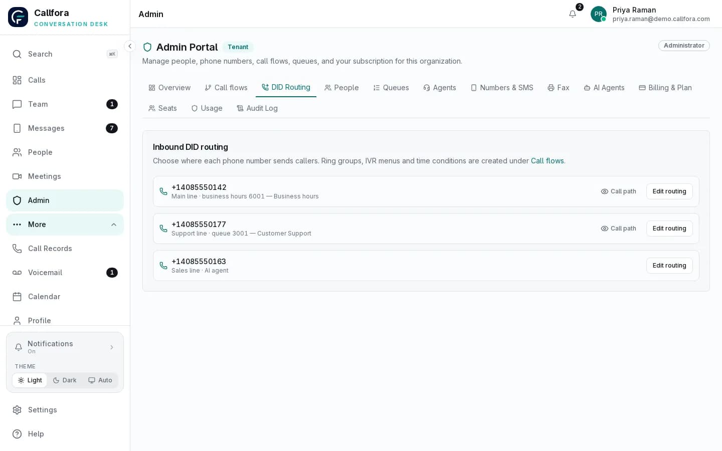 Callfora admin portal routing of numbers to queues, IVR menus, AI agents, and time conditions