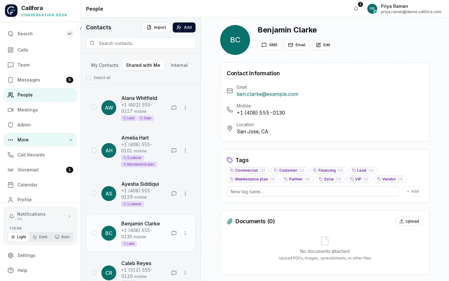 Callfora shared contact record with tags, click-to-call, and SMS in the organization workspace