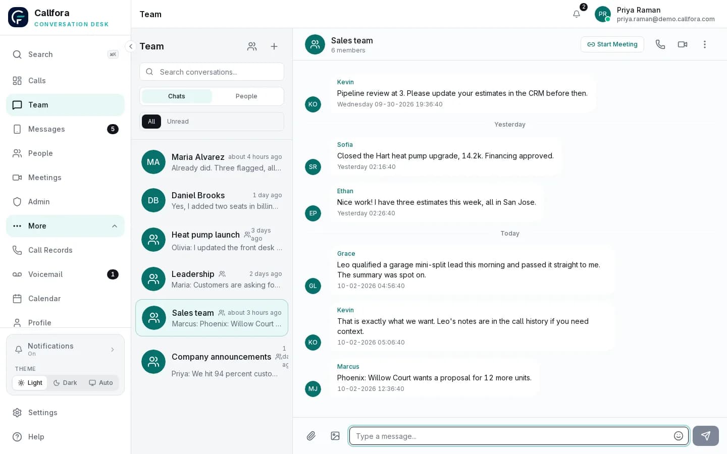 Callfora team chat in a group conversation with members, meetings, and calls